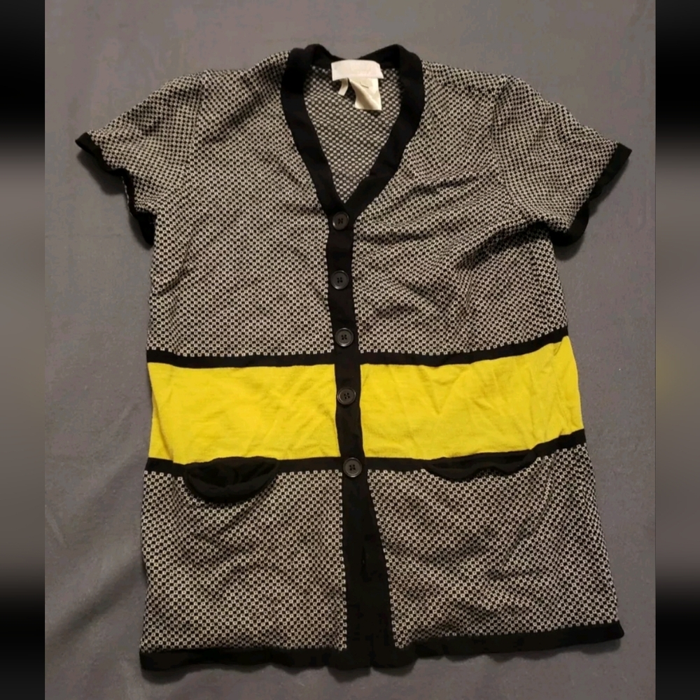 Escada Sweater Size 38, Black White Yellow with Pockets 100% Wool